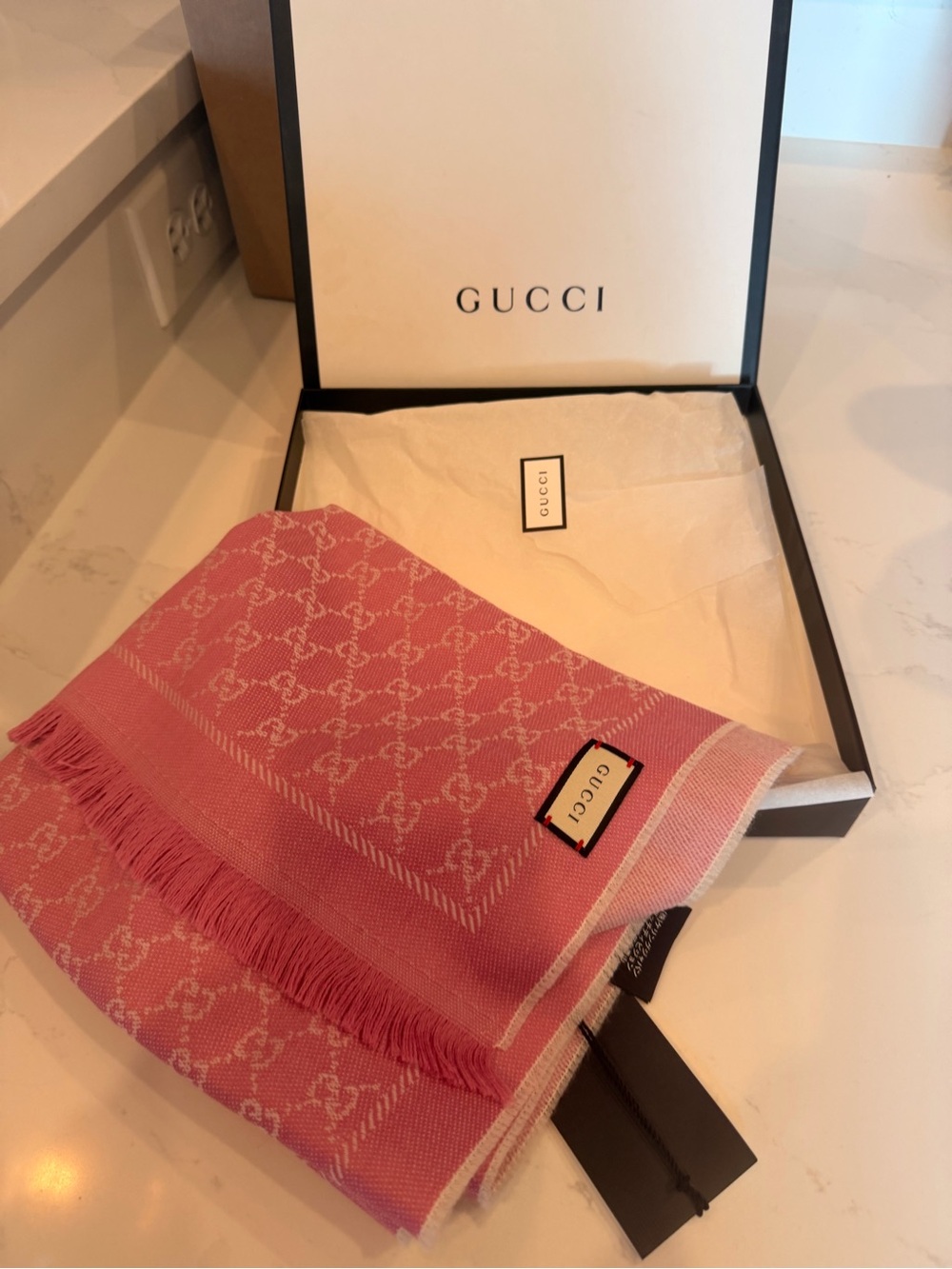 Gucci Pink GG Monogram Fringed Wool-Blend Scarf